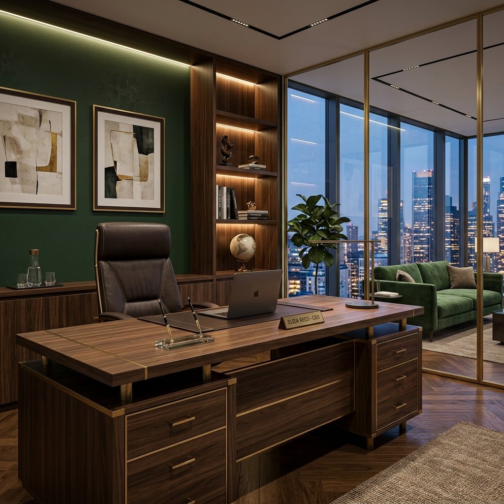 Premium executive office furniture — Director's desk with walnut veneer and gold accents